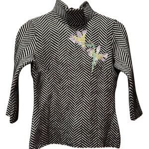 Blumarine Black and White Striped Top with Floral Embroidery Chevron Print